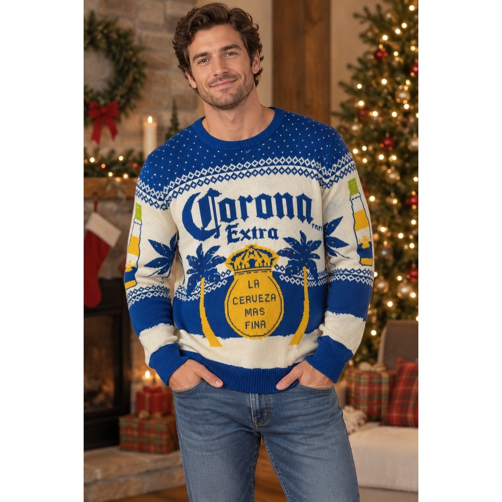 Corona Extra Sweater Mens Large Blue White Holiday Ugly Christmas Palm Tree Knit